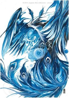 an artistic drawing of blue feathers and bubbles