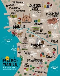 an illustrated map of the city of manila, philippines with all its major landmarks and attractions