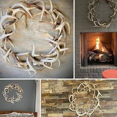 four different pictures of deer antlers hanging on the wall and in front of a fireplace