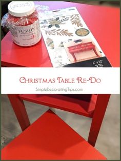 a red table with a jar of jam on it and a christmas table re - do