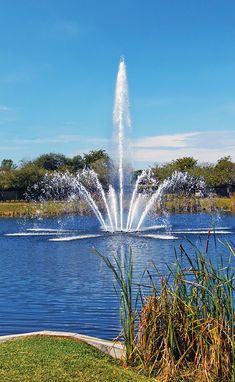 there is a large water fountain in the middle of the lake and it's spouting water