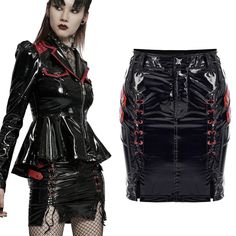 Punk Rave Uniform Lacquer Mini Skirt | BOUDOIR NOIR Red Studs, Black Mini Skirt, Red Accents, Black Vinyl