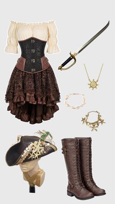 a woman is dressed in steampunk clothing and boots, with accessories around her