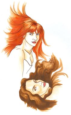 two women with long red hair are facing each other and one is looking at the camera