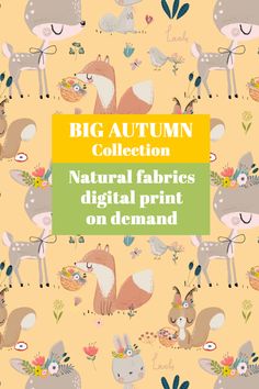 the big autumn collection is featured with animals and plants in yellow, green, blue, pink