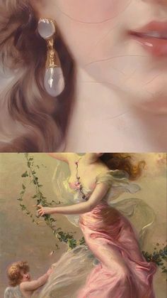 two paintings of women in dresses, one with an earring and the other with flowers