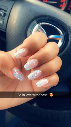 Sparkly Acrylic Nails, Clear Glitter Nails, Clear Acrylic Nails, Simple Acrylic Nails, Acrylic Nails Designs, Cute Nail Ideas, Summer Acrylic Nails, Short Acrylic Nails Designs