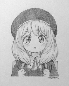 a pencil drawing of a girl with long hair wearing a hat and dress, looking at the camera