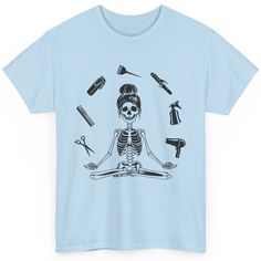 a t - shirt with a skeleton sitting on the floor surrounded by tools and hairdryers