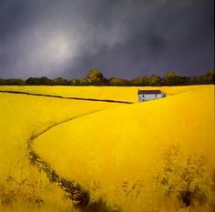 a painting of a yellow field with a house in the distance and storm clouds overhead