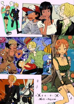 some anime characters with different expressions and pictures on the page, including an image of two people