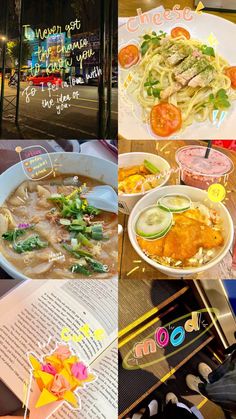 a collage of photos with different food items and menus on them, including soup