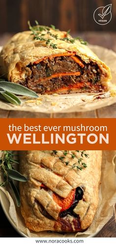 the best ever mushroom wellington pie is on a white plate with an orange border around it