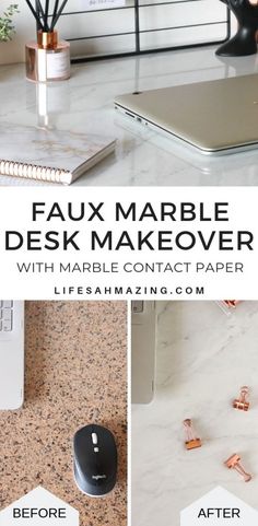 the words faux marble desk makeover with marble contact paper are shown in three different pictures