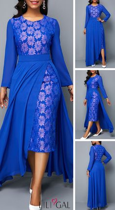 Royal Blue Lace Dress, Formal Dress Patterns, Lace Panel Dress, Chiffon Overlay, Panel Dress