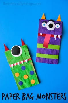 two paper bag monsters on a blue background with the words paper bag monsters written below