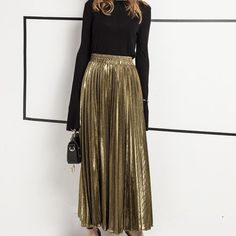 Metallic Long Pleated Floor length Maxi Skirt Gold or silver (US 8-14) – www.Nuroco.com 50th Golden Birthday, Autumn Color Pallet, Metallic Skirt Outfit, Golden Skirt, Pleated Maxi Skirts, Gold Pleated Skirt, Gold Outfits, Maxi Sequin Skirt, Silver Skirt