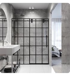 a bathroom with a sink, mirror and shower stall in white marbled tile walls