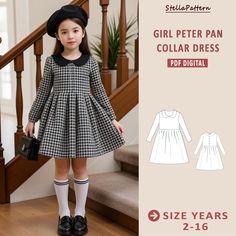 The digital sewing pattern Girl Kid's Peter Pan Collar Gathered Dress. ➡️This pattern comes with an illustrated sewing guide with step-by-step instructions, making it super easy to make your own garment. If you're looking for a beginner-friendly project that will take 2 hours to make, then this is perfect for you! ➡️ US Sizes: 2-16 YEARS ➡️ These templates are suitable for A4, A0 and US Letter size paper. ➡️ Once your payment is processed, you will automatically receive download links for your t Sewing Pattern Long Sleeve, Sewing Guide, Girls Dress Sewing Patterns, Girl Dress Pattern, Sewing Patterns Girls, Peter Pan Collar Dress, Gathered Dress, Kids Pattern, Dress Sewing Pattern