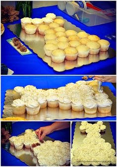 there are several pictures of cupcakes being cut and placed on the table together