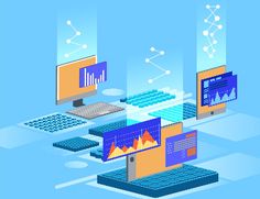 three computer screens with graphs on them, one showing data and the other displaying information