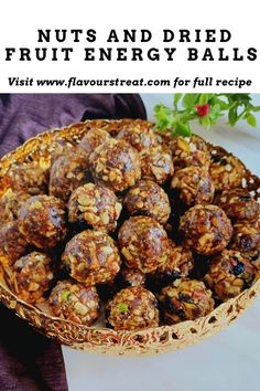 nuts and dried fruit energy balls in a wicker basket with text overlay that reads, nuts and dried fruit energy balls