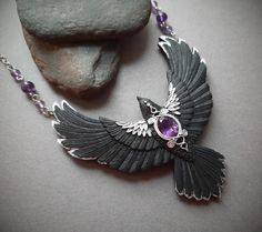 Black Raven Crow Necklace Amethyst Flying Bird Necklace - Etsy Raven Polymer Clay, Necromancer Jewelry, Polymer Clay Gothic Jewelry, Crow Outfit, Crow Woman, Fantasy Jewelry Necklace, Crow Jewelry, Crow Necklace, Raven Dress