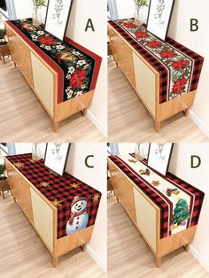 four pictures of the same table cloth with different designs on it, and one has a snowman