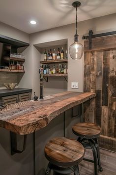 a bar with stools and shelves in a room