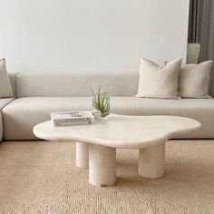 a white couch sitting next to a table with a plant on top of it in a living room