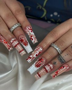 Red And White Nails Long, White Christmas Acrylic Nails, Cute Acrylic Nail Designs, Vibrant Nails, Nails Only