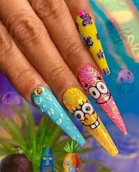 Spongebob Nails, Cartoon Nail Designs, Cartoon Nail Art, Cartoon Nails, Crazy Nail Art, Crazy Nails, Disney Nails, Girls Nails, Acrylic Nails Coffin