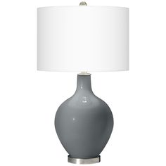 a blue table lamp with a white shade