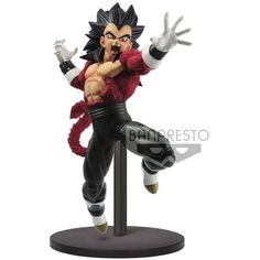 the action figure is posed on top of a black stand with his arms outstretched and legs spread