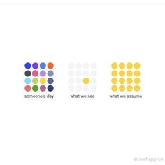 three different colored squares with the words someone's day, what we see and what we assume