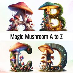 the letter c is made up of mushrooms and grass with lights on them, as well as an image of a mushroom house