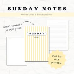 the sunday notes printable is shown in yellow and white