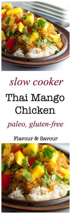 slow cooker thai mango chicken with rice and garnished with cilantro