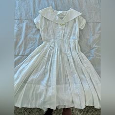 This Is A Truly Special Piece Gifted To Me By The Original Owner’s Grandson. The Collar On This Is Stunning! This Dress Has A Front Button And Snap, And A Metal Side Zip. It Is Very Sheer And Will Need A Slip Or Something Underneath Or Not. There Are A Couple Of Small Stains But They Do Not Stand Out While Worn. (Pictured) Flat Lay Measurements Pit To Pit 17” And Accommodates 35” Bust Max Waist 15” 1920s Fashion Women Casual, Doll Collar Dress, Vintage White Dress, 1920s Fashion Women, White Vintage Dress, Swiss Dot Dress, French Paris, Vintage Coquette, Sailor Collar