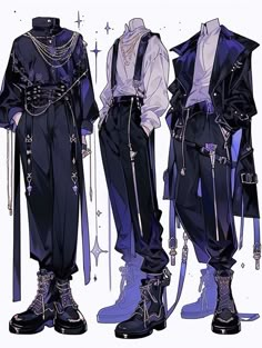 three men in black and white outfits with chains on their ankles, standing next to each other