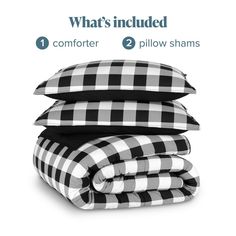 three pillows stacked on top of each other with the text what's included? comforter, pillow shams