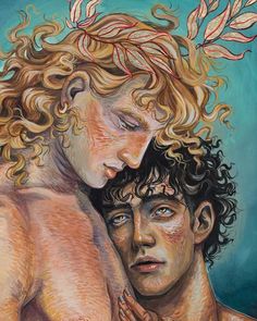 a painting of two people with curly hair