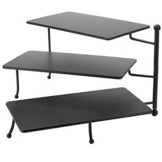 two tiered tables with black metal legs and one shelf on each side, against a white background