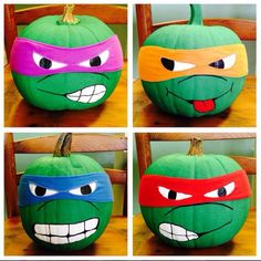 four different pictures of a pumpkin with ninja turtles painted on it's face and eyes