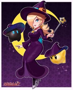 a cartoon witch flying through the air with a broom and hat on her head in front of a full moon