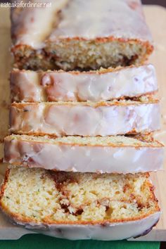 slices of glazed banana bread on a cutting board