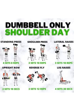 the dumbbell only shoulder day workout poster is shown in green and white, with instructions for