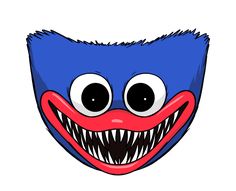 a blue and red mask with big eyes, mouthy teeth and sharp fangs on it