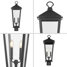 four different views of an outdoor light fixture with three lights on each side and the same one