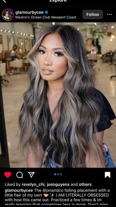 Black Hair With Full Highlights, Dark Undertone Hair, Ash Partial Highlights, Blonde Ash Balayage On Dark Hair, Partial Balayage For Dark Hair, Blonde On Morena Skin, Ash Brown Balayage Money Piece, Jet Black Balayage Hair